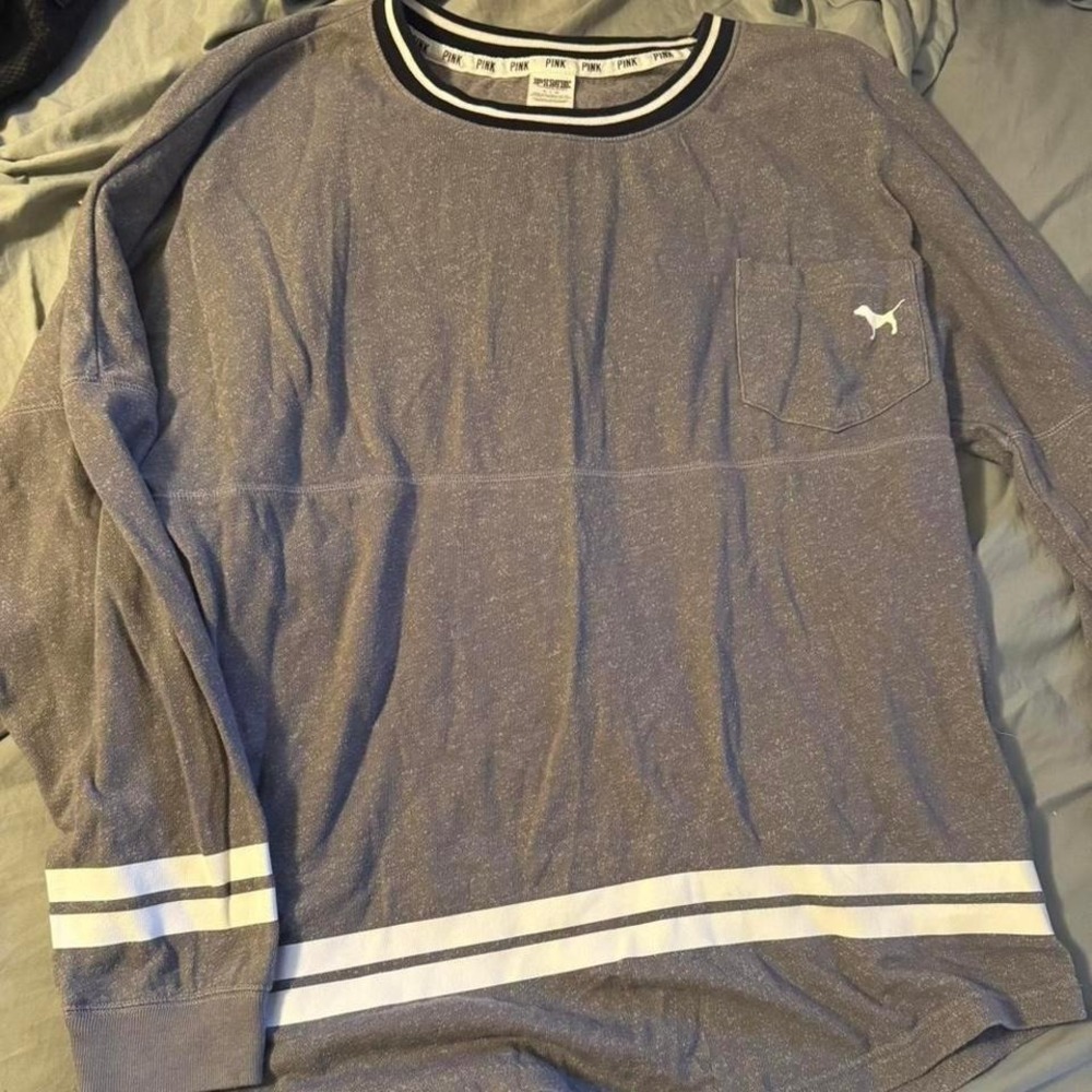 Victoria's Secret PINK Varsity Long Sleeve Tee Gray Marl Large Pocket Logo
